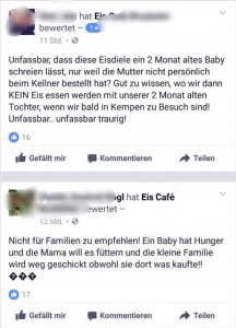 Empörte Bewertungen auf der Facebookseite des Eis Cafés