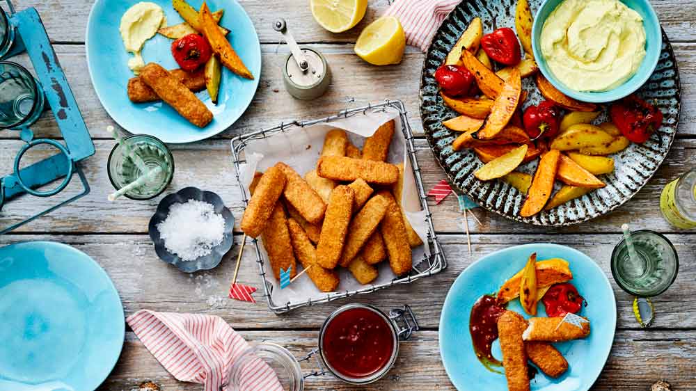 Fischstäbchen mit Kartoffelspalten