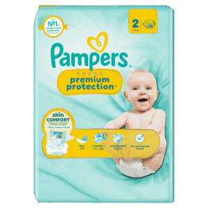 Die Pampers Premium Protection mit Stop & Schutz Taschen am Rücken.