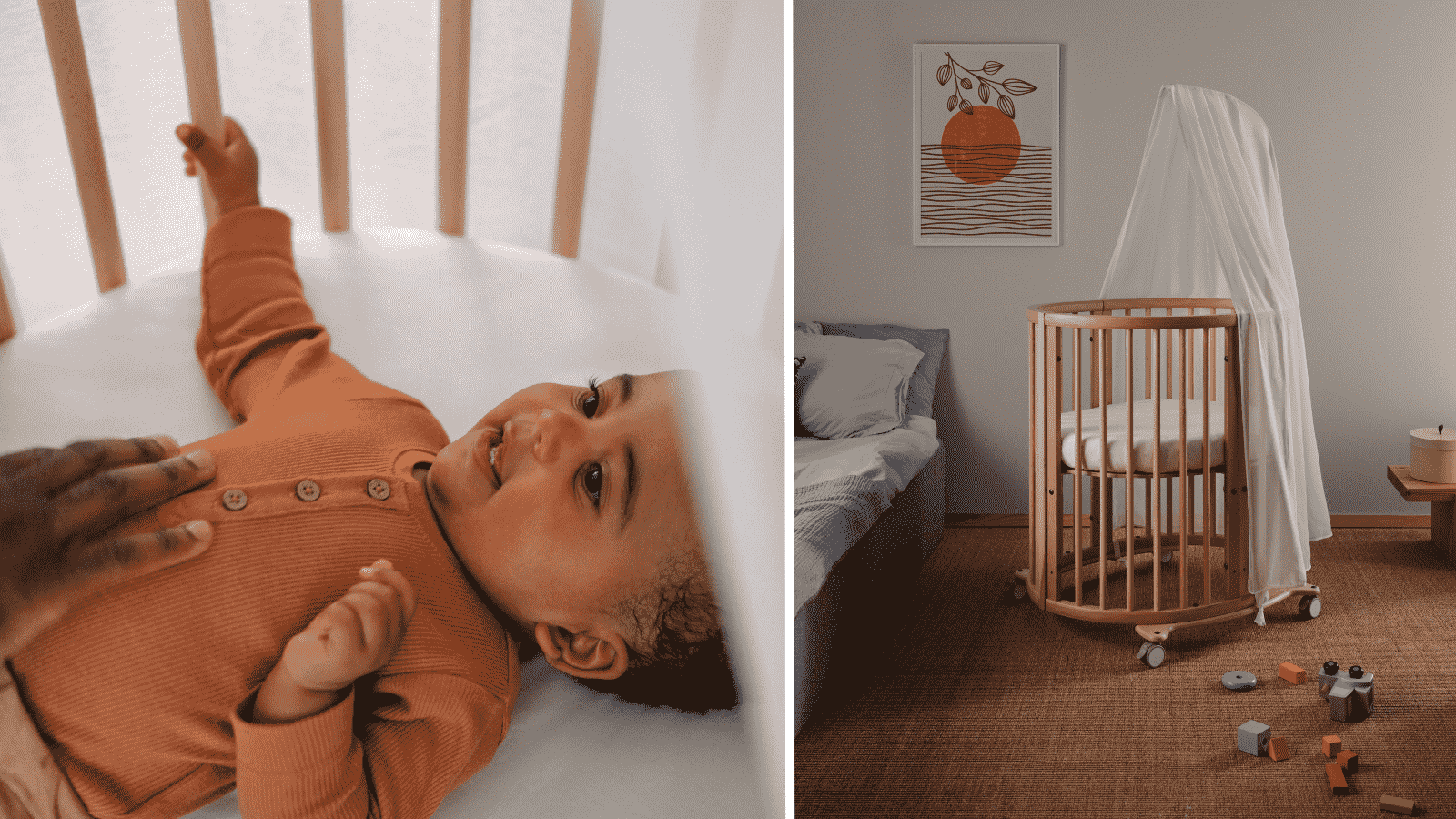 Das ovale Kinderbett auf Rollen wechselt flexibel mit euch den Raum.