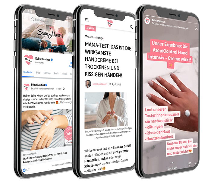 <p>„Die Zusammenarbeit mit Echte Mamas ist jedes Mal kreativ und durch den durchgeführten Produkttest konnten wir direktes, ehrliches Community Feedback von den Müttern erhalten. “<br />
<strong>Ulrike Mialki, Brand Marketing Managerin, Eucerin</strong></p>
