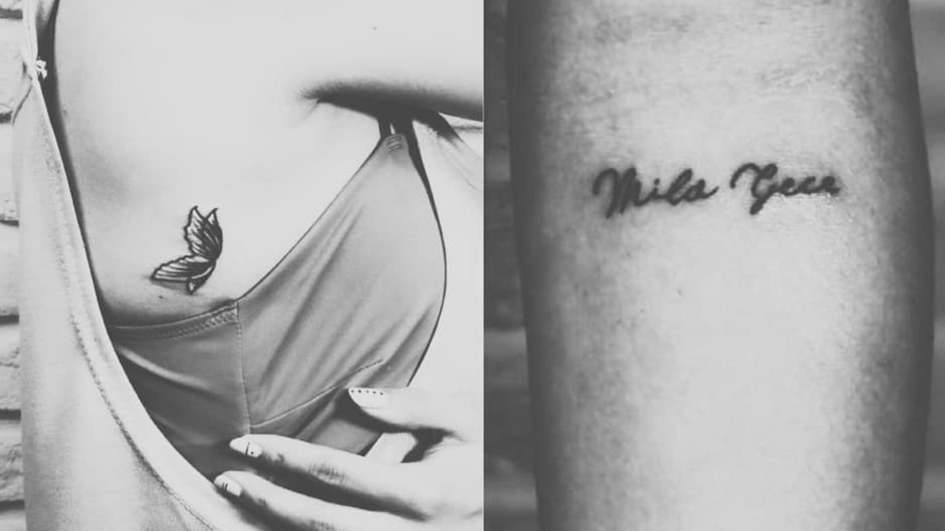 Sternenkinder-Tattoo für Zwillinge: Name des Babys und ein Schmetterling für das Sternchen.