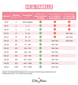 Eine hCG-Tabelle zeigt an, wann welche Werte des Schwangerschaftshormons hCG im Normbereich liegen. Grafik: Echte Mamas