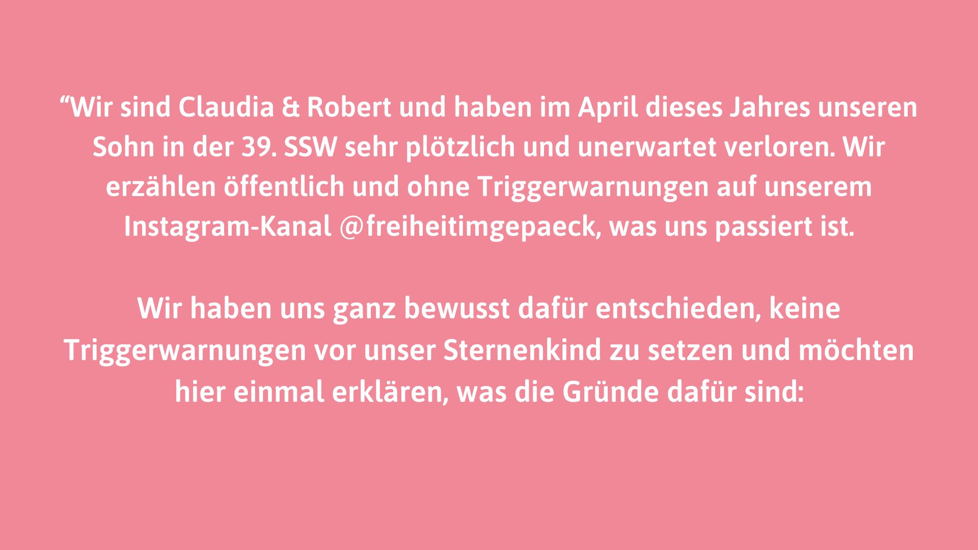 Claudia und Robert von "Freiheit im Gepäck" erklären, warum sie auf eine Triggerwarnung beim Thema Fehlgeburt verzichten.