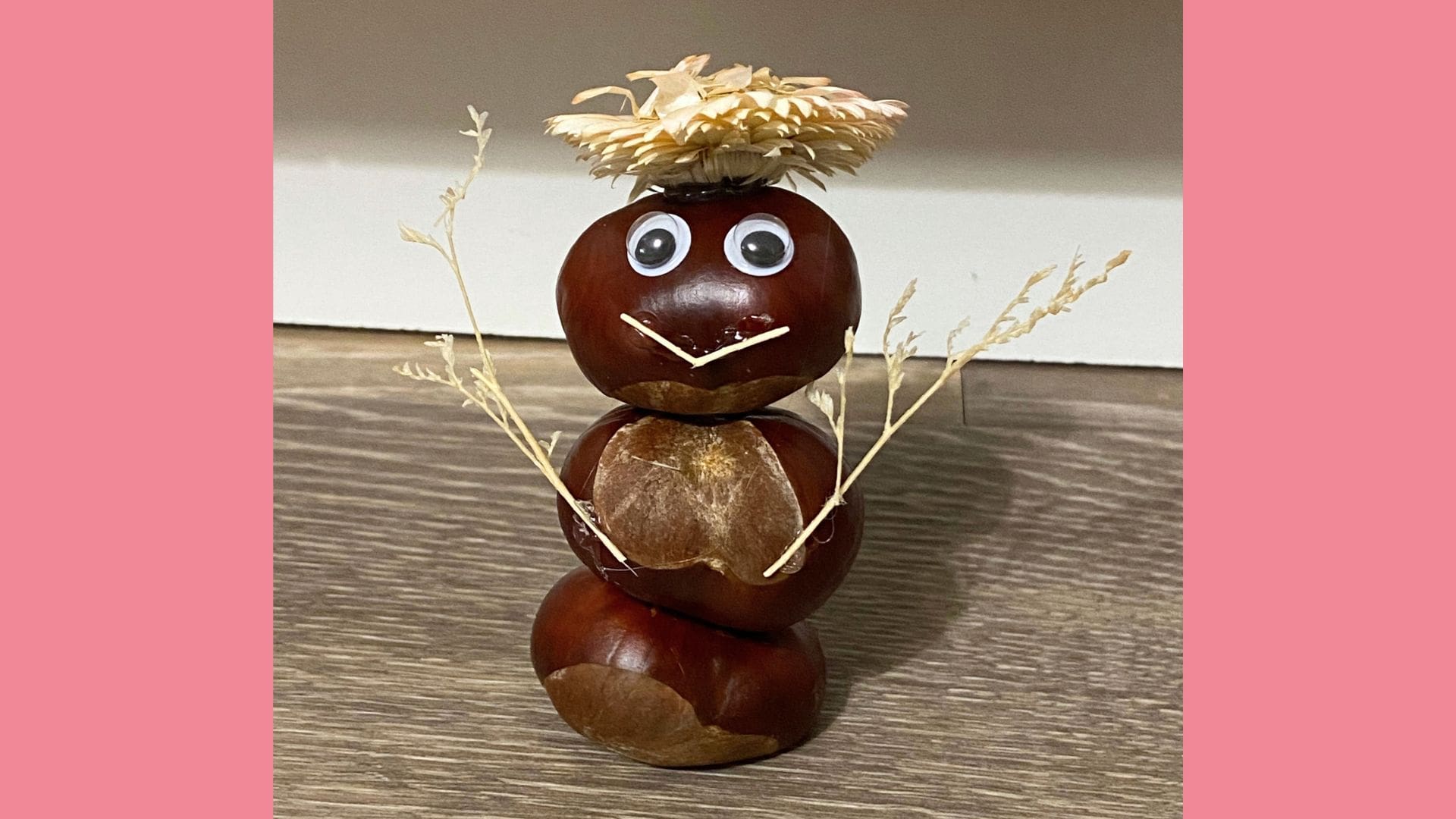 Unseren Kastanien-Schneemann haben wir mit Wackelaugen und getrockneten Blüte verziert.