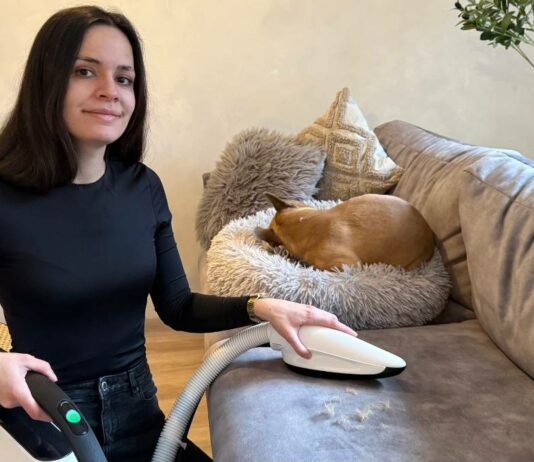 Mama mit Staubsauger an Sofa, während Hund auf Couch liegt