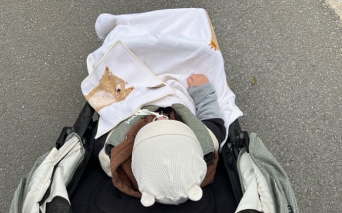 Warm eingepackt und Schnuller am Schnullertuch gesichert – so kann nichts mehr schiefgehen draußen. 