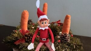 Der Elf on the Shelf hat als Streich die Kerzen auf dem Adventskranz gegen Möhren getauscht.